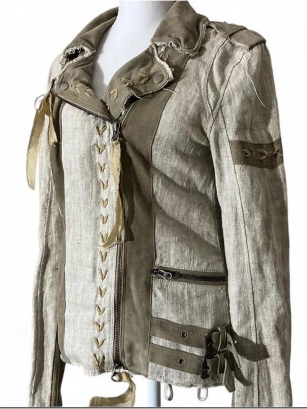 Jakett New York Linen & Leather Beige Bohemian Jacket size XS - Picture 3 of 12